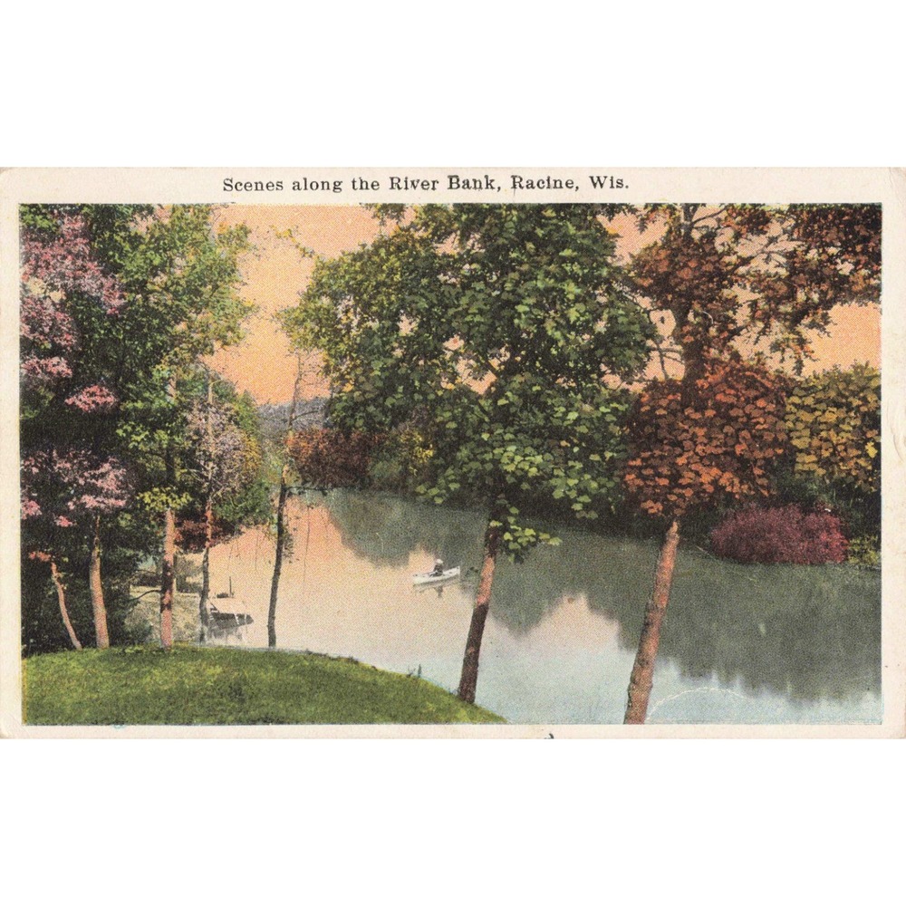 Racine Wisconsin WI Vtg Postcard 1919 River Bank Scene Bishop Publishing - Picture 1 of 2